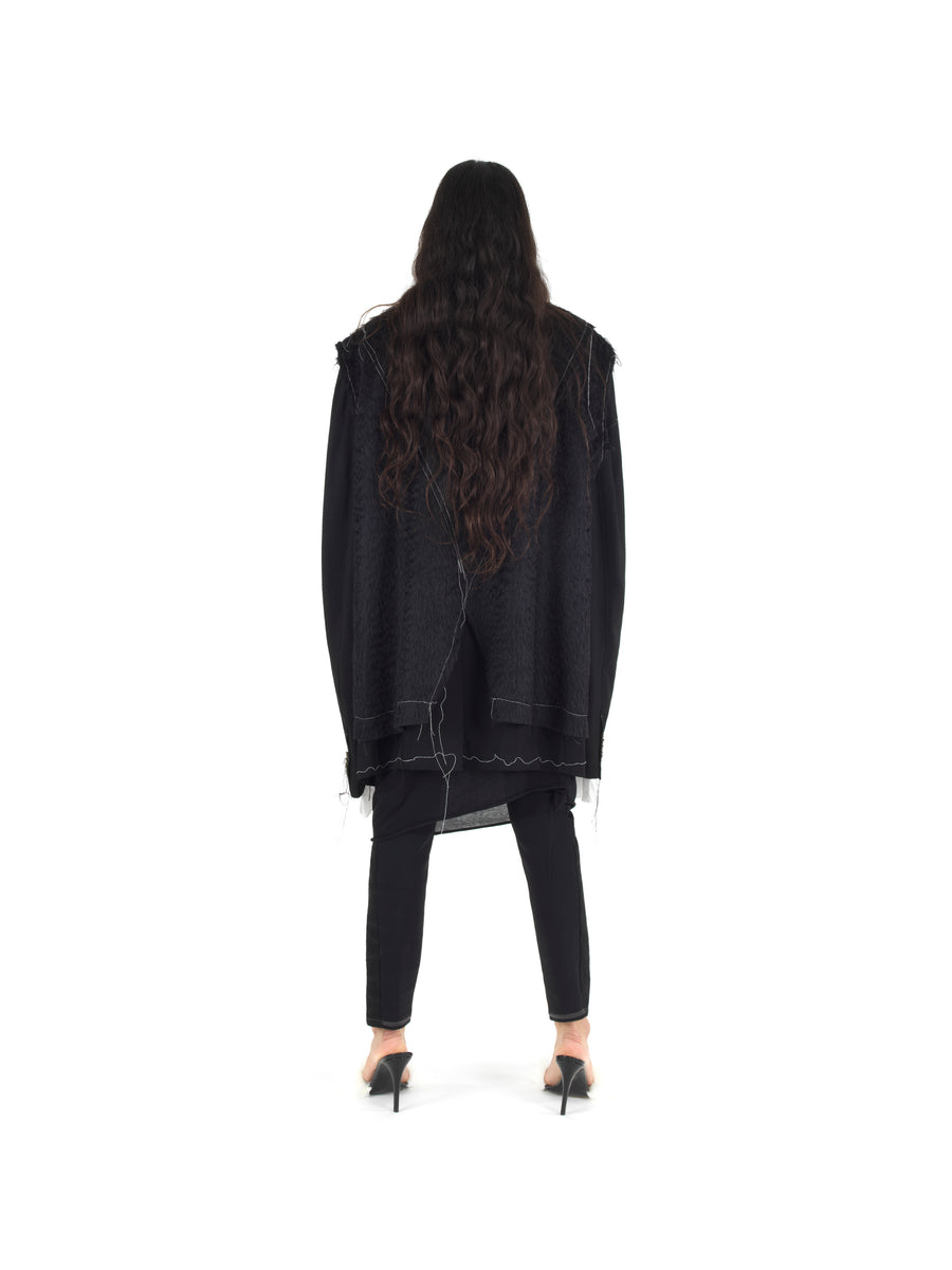 DEMI-FINISHED HAND TAILORED WOOL AND MOHAIR CROP SLEEVELESS COAT — BLACK