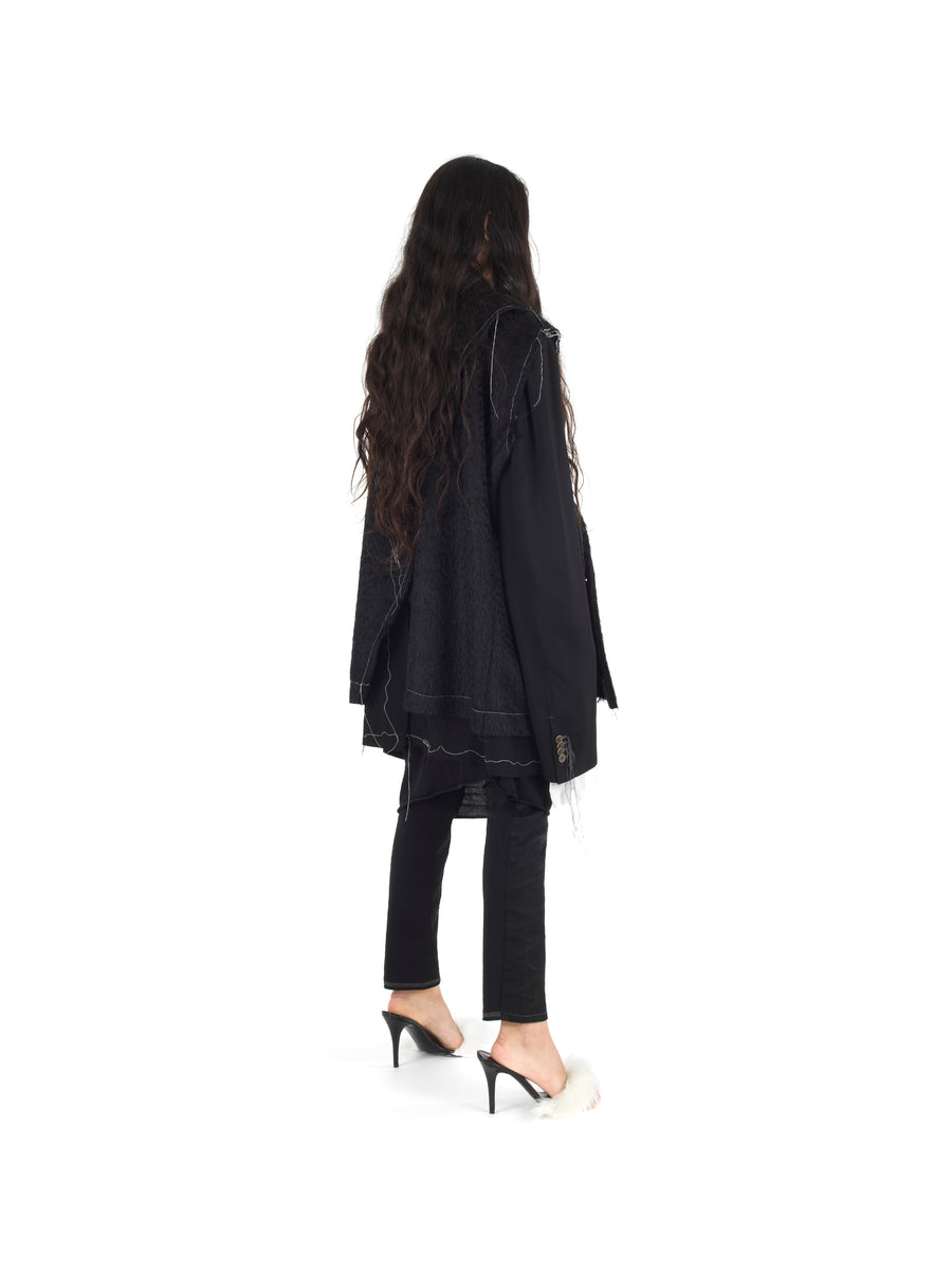 DEMI-FINISHED HAND TAILORED WOOL AND MOHAIR CROP SLEEVELESS COAT — BLACK