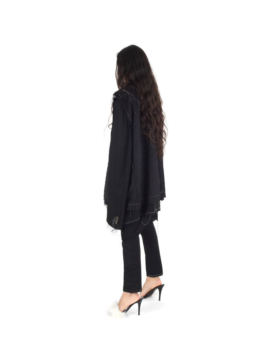 DEMI-FINISHED HAND TAILORED WOOL AND MOHAIR CROP SLEEVELESS COAT — BLACK