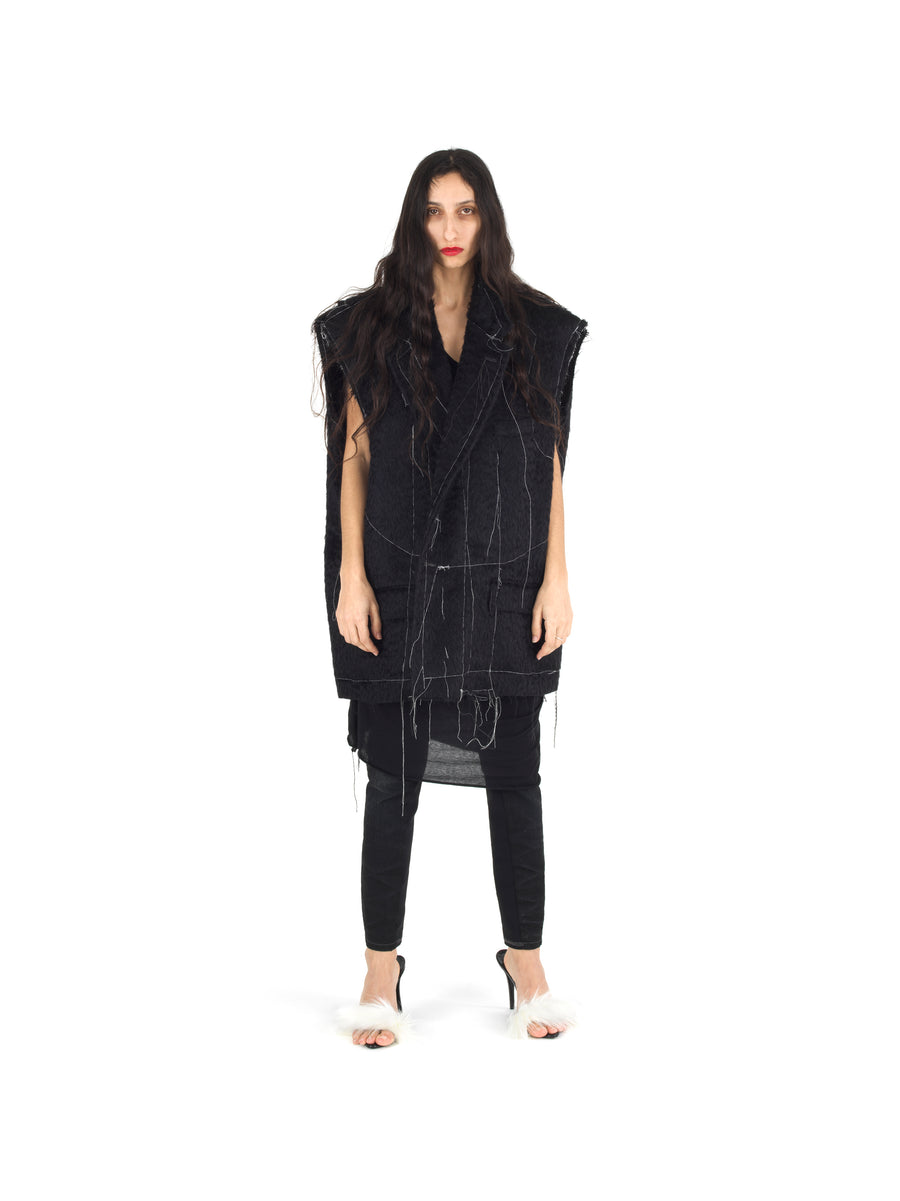 DEMI-FINISHED HAND TAILORED WOOL AND MOHAIR CROP SLEEVELESS COAT — BLACK