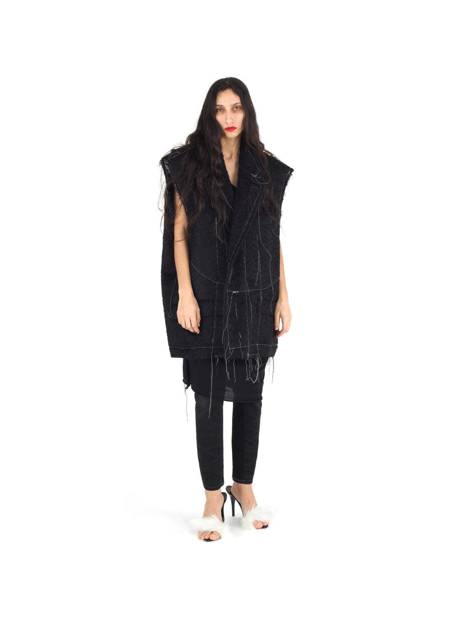 DEMI-FINISHED HAND TAILORED WOOL AND MOHAIR CROP SLEEVELESS COAT — BLACK