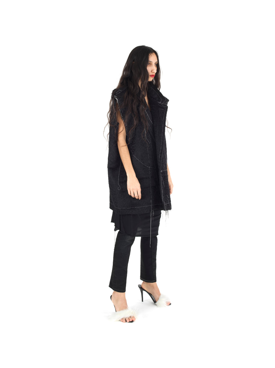 DEMI-FINISHED HAND TAILORED WOOL AND MOHAIR CROP SLEEVELESS COAT — BLACK