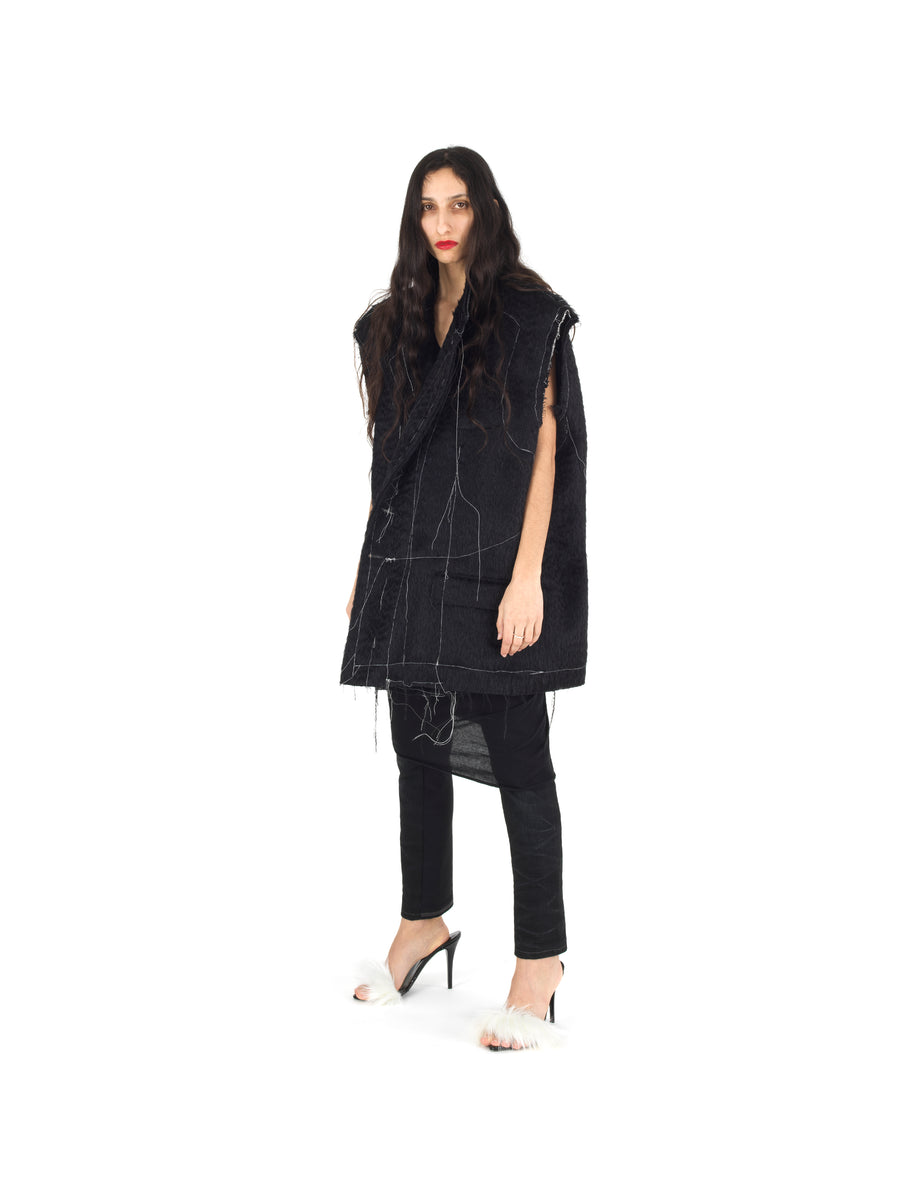 DEMI-FINISHED HAND TAILORED WOOL AND MOHAIR CROP SLEEVELESS COAT — BLACK