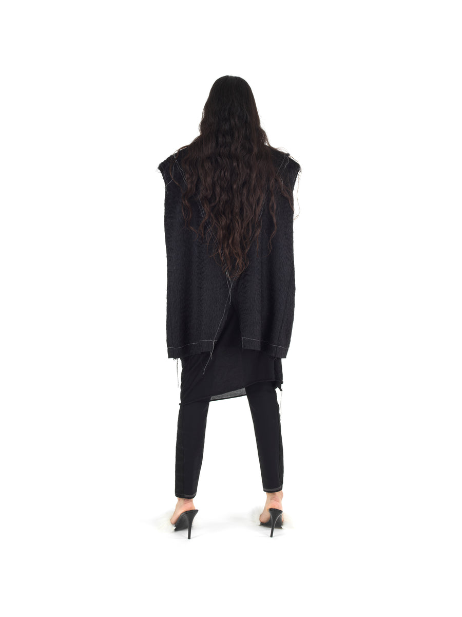 DEMI-FINISHED HAND TAILORED WOOL AND MOHAIR CROP SLEEVELESS COAT — BLACK