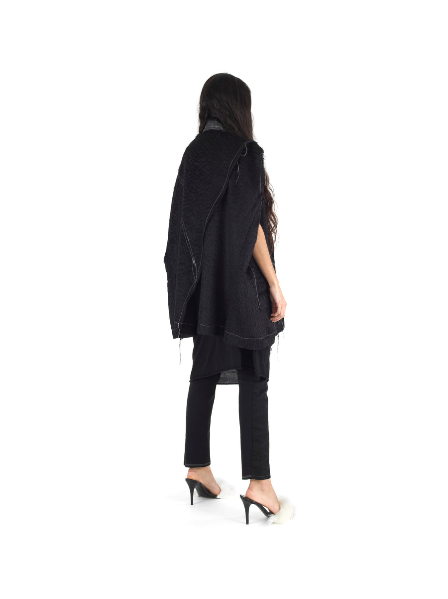 DEMI-FINISHED HAND TAILORED WOOL AND MOHAIR CROP SLEEVELESS COAT — BLACK